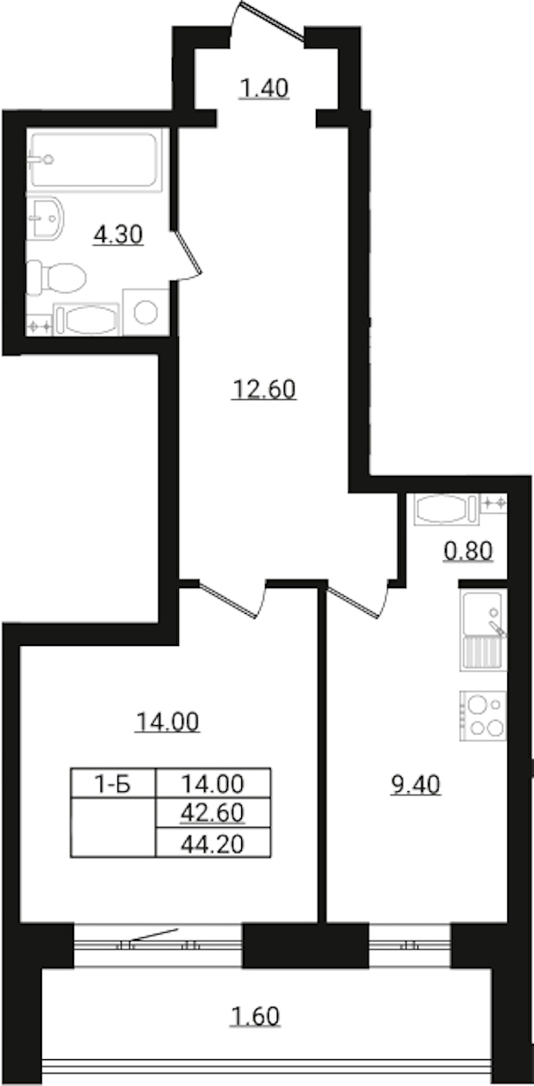 1-комнатная квартира 44.2 м², 8/9 эт., ЖК «Эко Гармония»